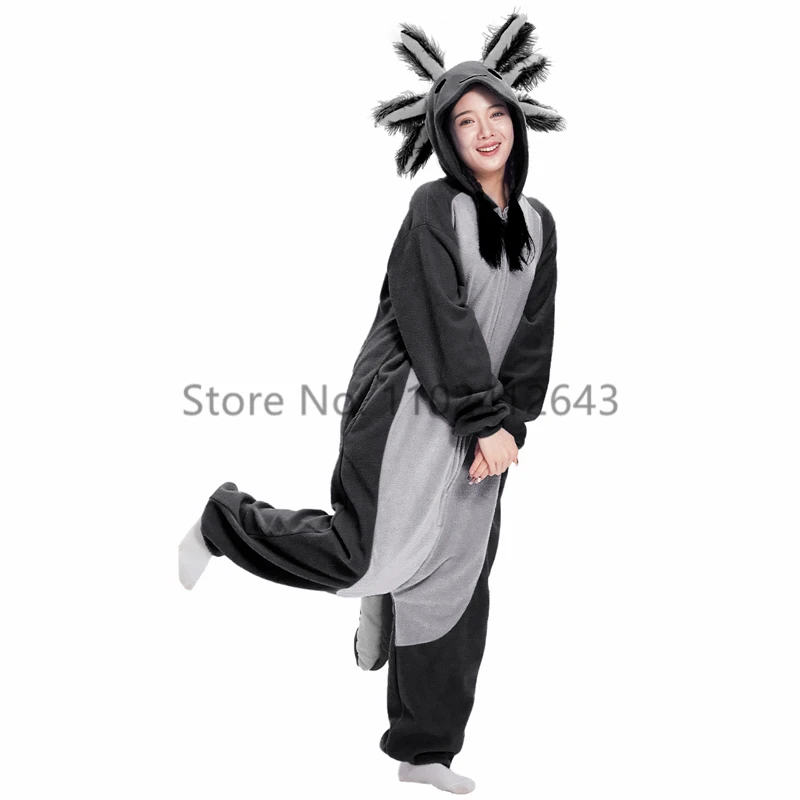 ELEIMOS Halloween Onesie Black Axolotl For Women Men Adult Animal Kigurumis Pyjamas Cartoon Pajama Homewear Cosplay Costume