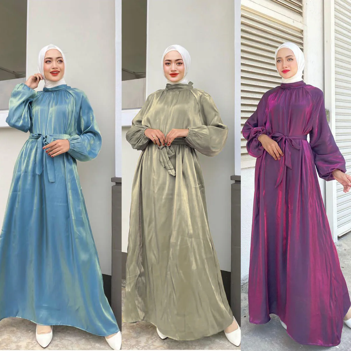 

Summer Abaya Dubai Shiny Soft Puff Sleeves Muslim Dress Belted Maxi Robe Dubai Turkey Long Dresses Islam Abayas With Belt Dress