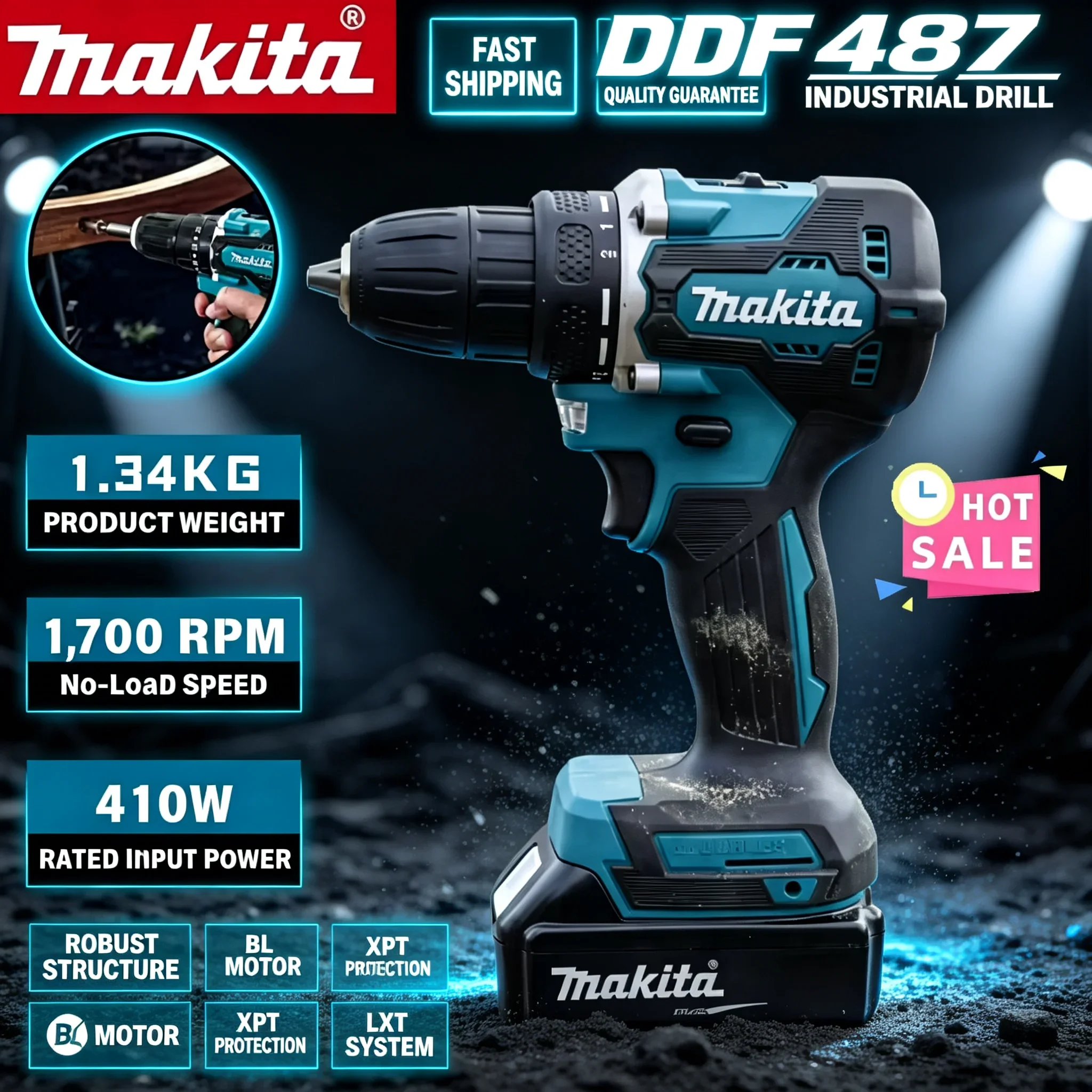 マキタ-ddf487-18v-コードレス-ブラシレス-ドライバー、充電式電動インパクトドライバー、携帯用電動工具