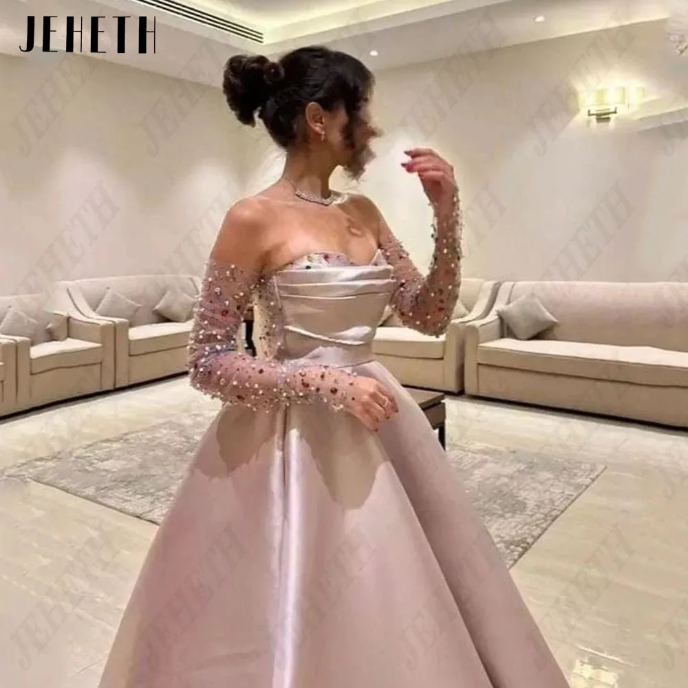 JEHETH Saudi Arabia Evening Dresses For Woman 2024 Long Sleeves A-Line Strapless Satin Beading Real Photo فساتين مناسبة رسمية