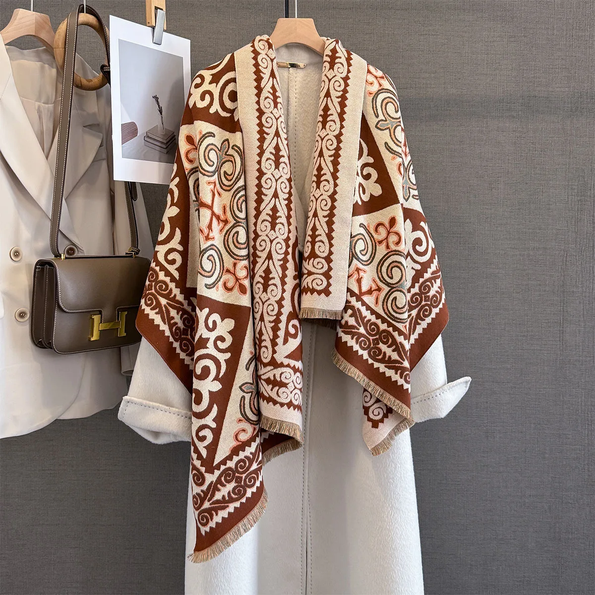 

Зимний шарф, толстая теплая жаккардовая шаль с геометрическим рисунком, винтажный узор, многофункциональная шаль в этническом стиле, кашемировые шарфы