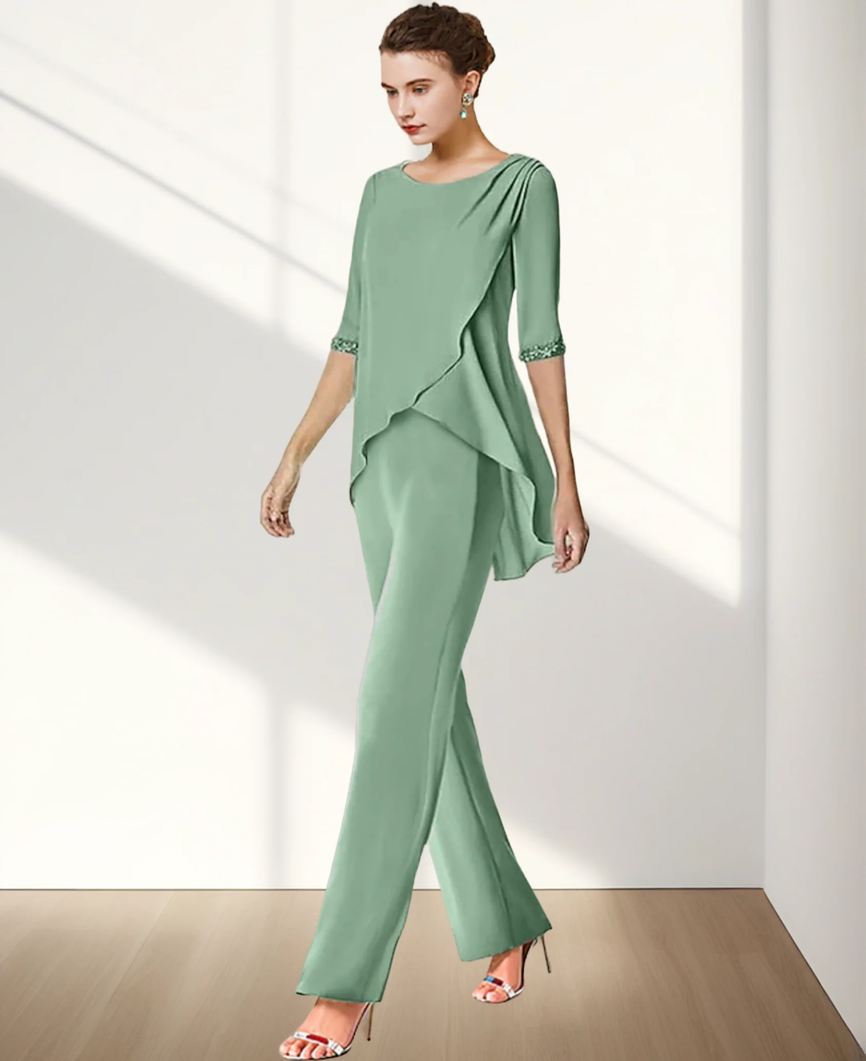 

Two Piece Jumpsuit / Pantsuit Mother of the Bride Dress Jewel Neck Floor Length Chiffon Half Sleeve with Sequin Ruffles 2024