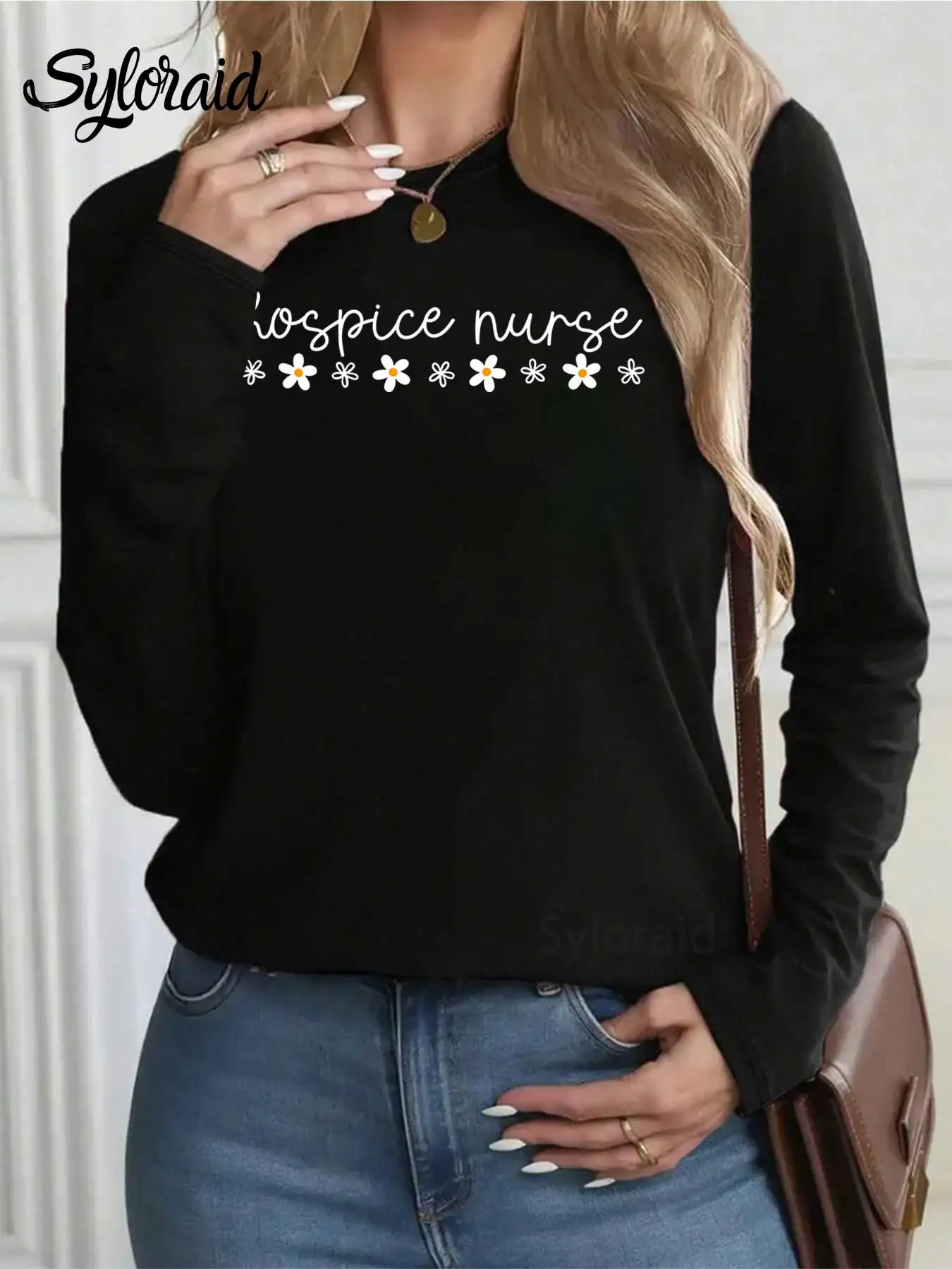 تي شيرت نسائي طويل الأكمام مطبوع عليه ممرضة المستشفى تي شيرت Hospice RN قميص عصري برقبة دائرية كاجوال #2