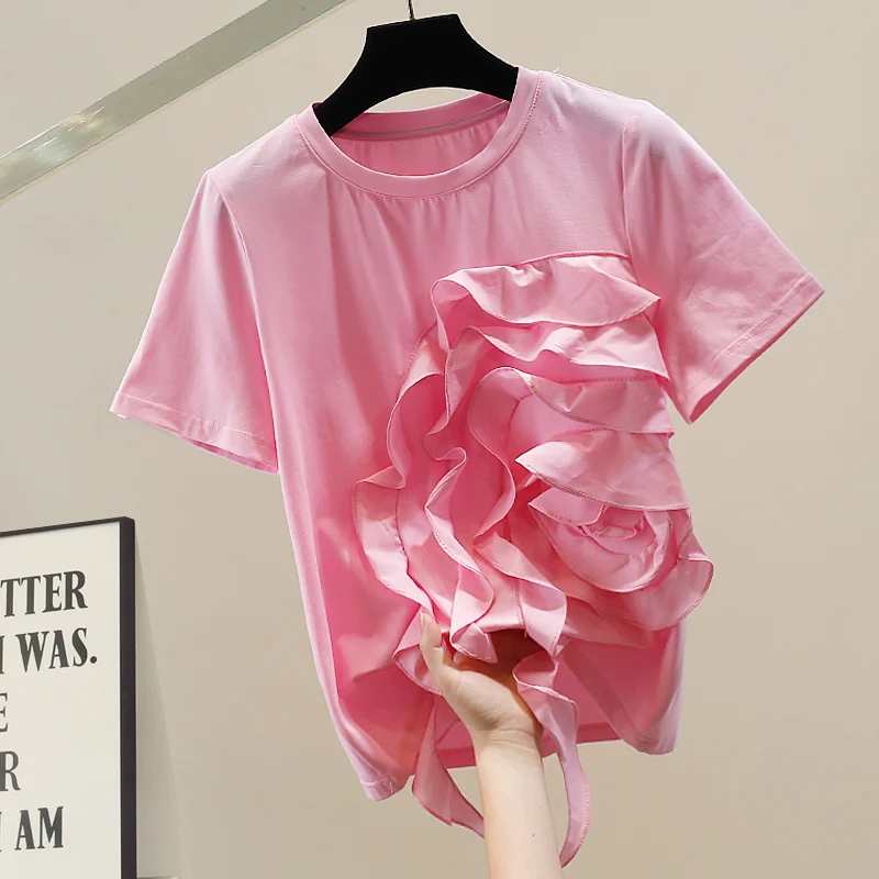 

Модный корейский топ с коротким рукавом, декорированный оборками, прямого кроя, утягивающий, розовый, женский, с круглым вырезом, летний