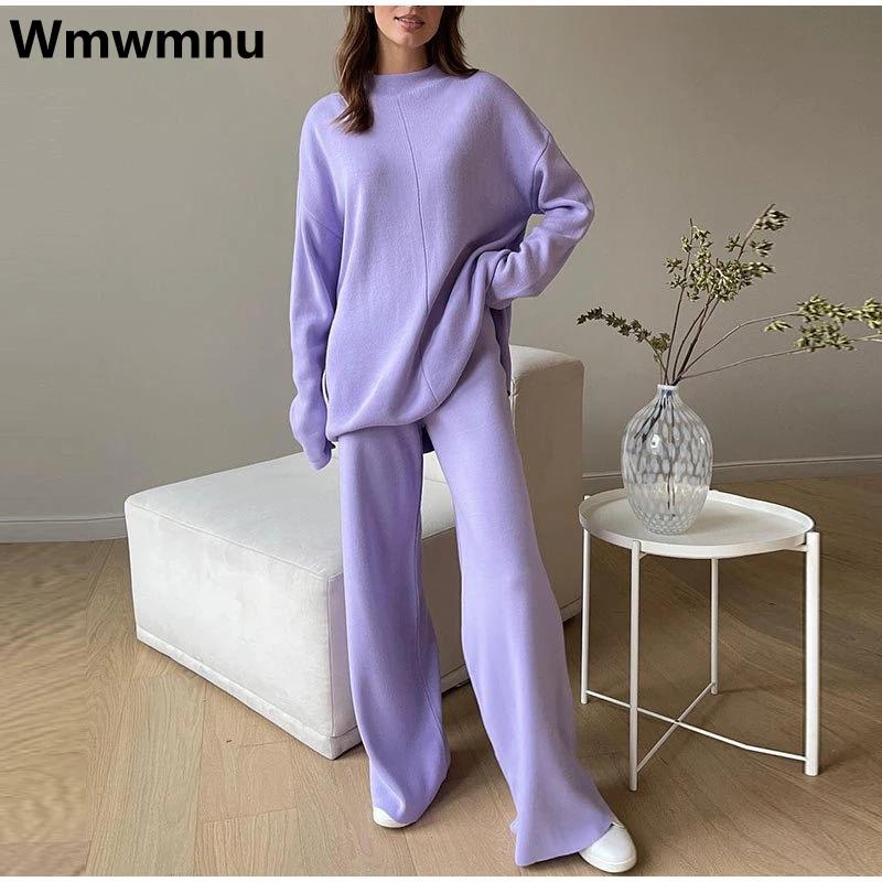 Korean Loose Knitted Pants 2 Piece Set Fall Solid Half Turtleneck Sweater Outfits Women Fashion Wide Leg Pantalones Ensembles