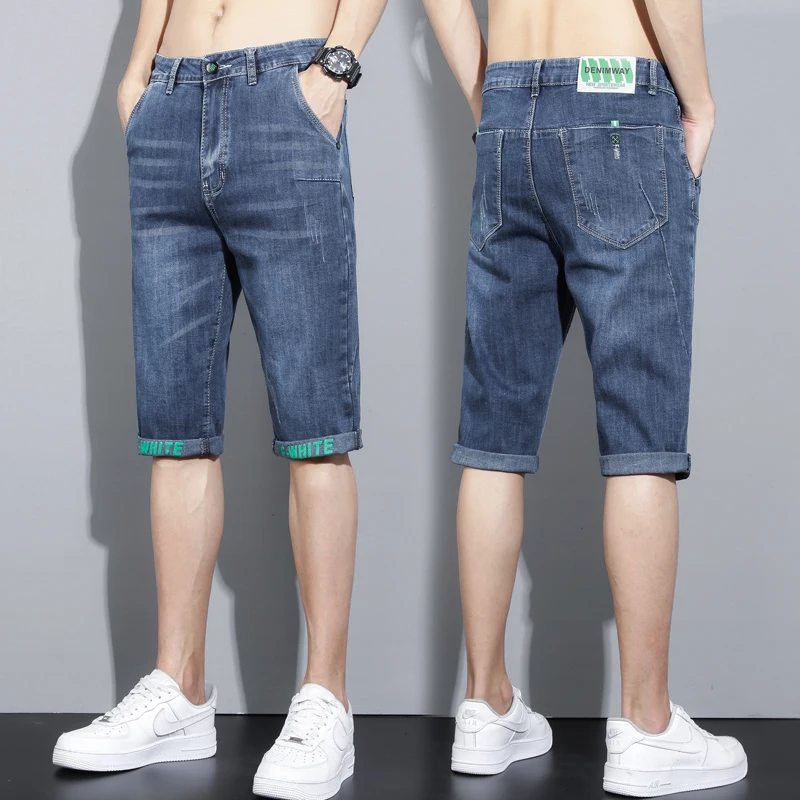 

Summer Thin Denim ort Pants Men's Loose Casual 7-Length Jeans Mid-Calf f-Length Pants Elastic Cotton Polyester Blend