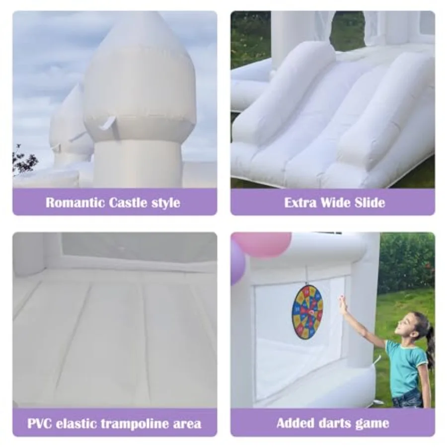 บ้านลมงานแต่งงานสีขาวพร้อมเครื่องเป่าลม บ้านเด้งดึ๋งพร้อมสไลเดอร์สำหรับงานปาร์ตี้ งานแต่งงาน ครอบครัว รูปทรงปราสาท ขนาด 9 ฟุต (ยาว) × 9 ฟุต (กว้าง) × 7 ฟุต (สูง)