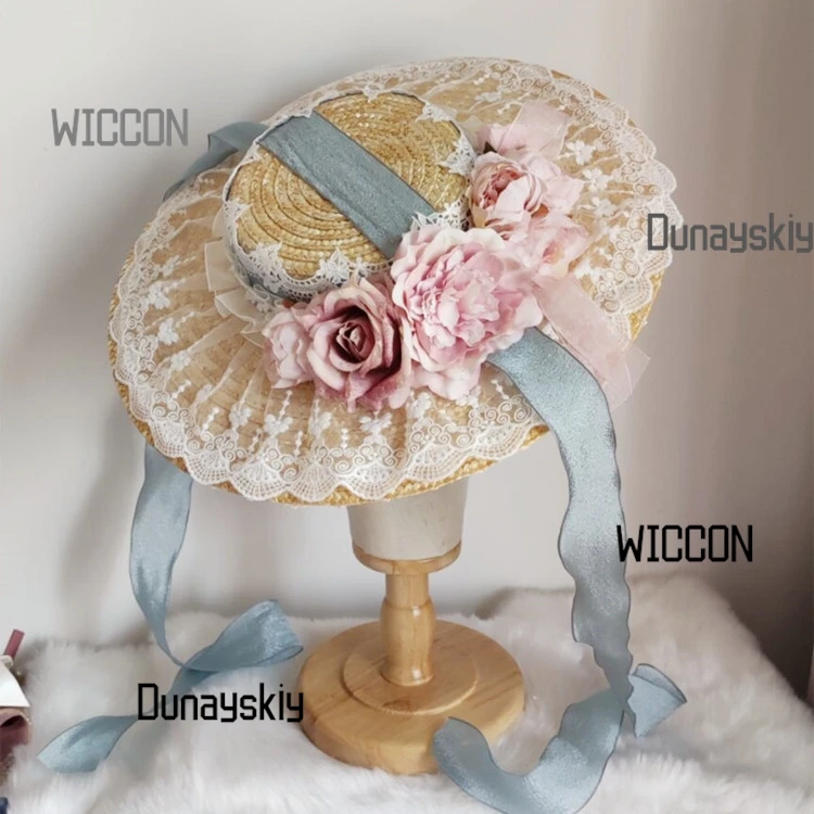 Пастельная соломенная шляпа Лолиты Cottagecore с цветочным принтом, французский капот с широкими полями, шелковые ленты, элегантная шляпа от солнца, фея Kei/косплей, Хэллоуин