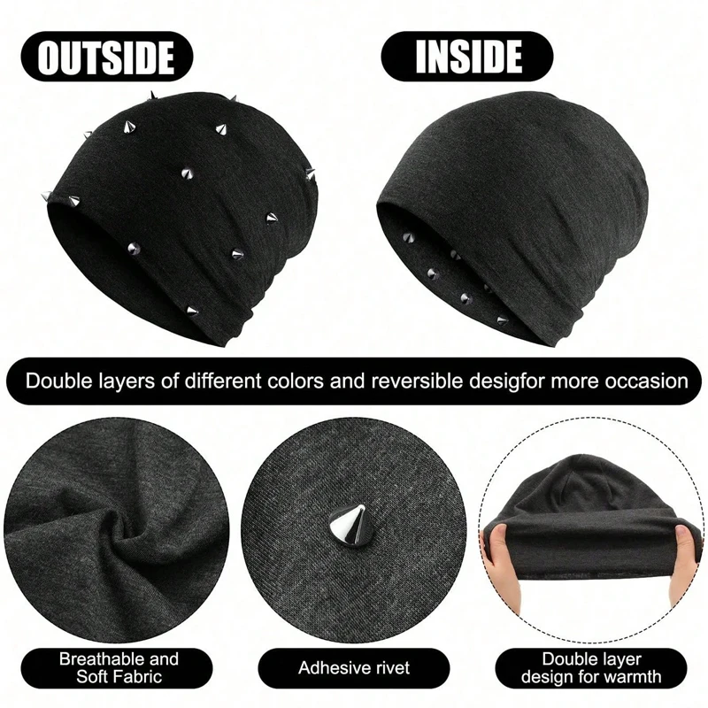 1 Stück Gothic-Mütze Unisex Goth Beanie mit Nieten Rock Punk Hut mit Spikes für Männer und Frauen, Schwarz Grau, Y2K-Stil Leicht und Bequem – Detail 7