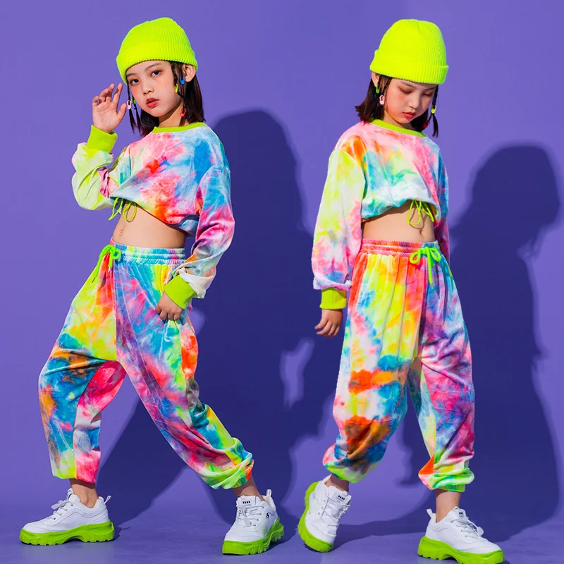 2022 novo estilo hip hop roupa para meninas, camisolas multicoloridas, calças para meninas informais, roupa de salão, roupa de palco, roupa de carnaval