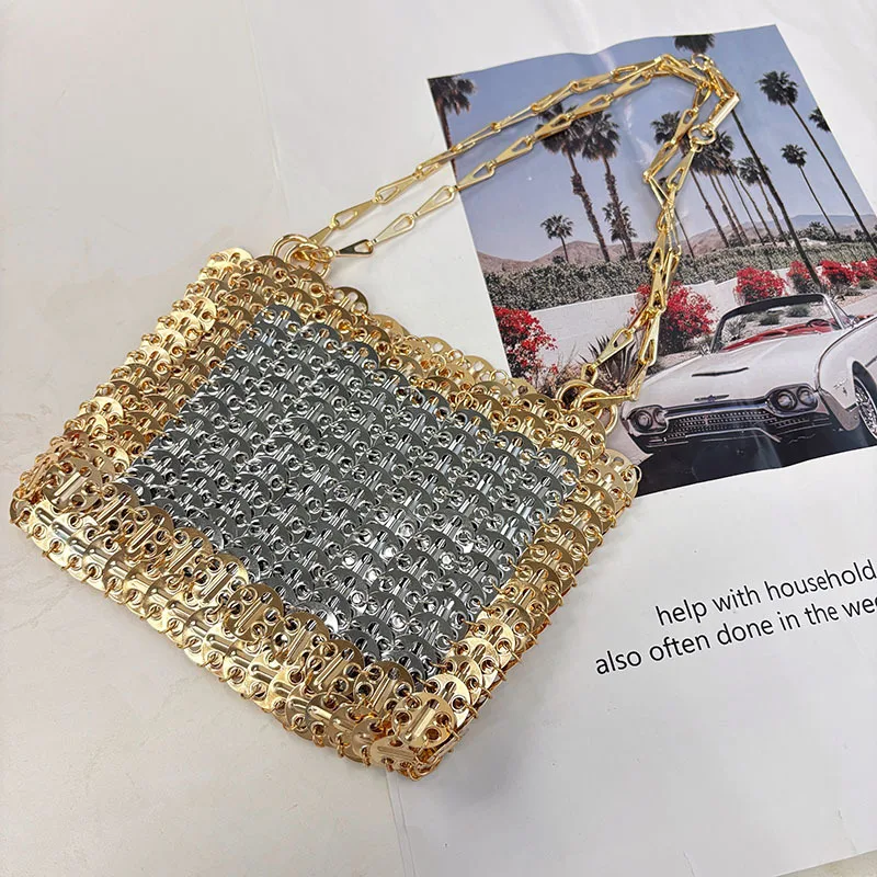 

Luxury Golden Shoulder Bag Metallic Sequined Crossbody Bag Handmade Sheet Woven Bags for Women Handbags Designer Evening Bags