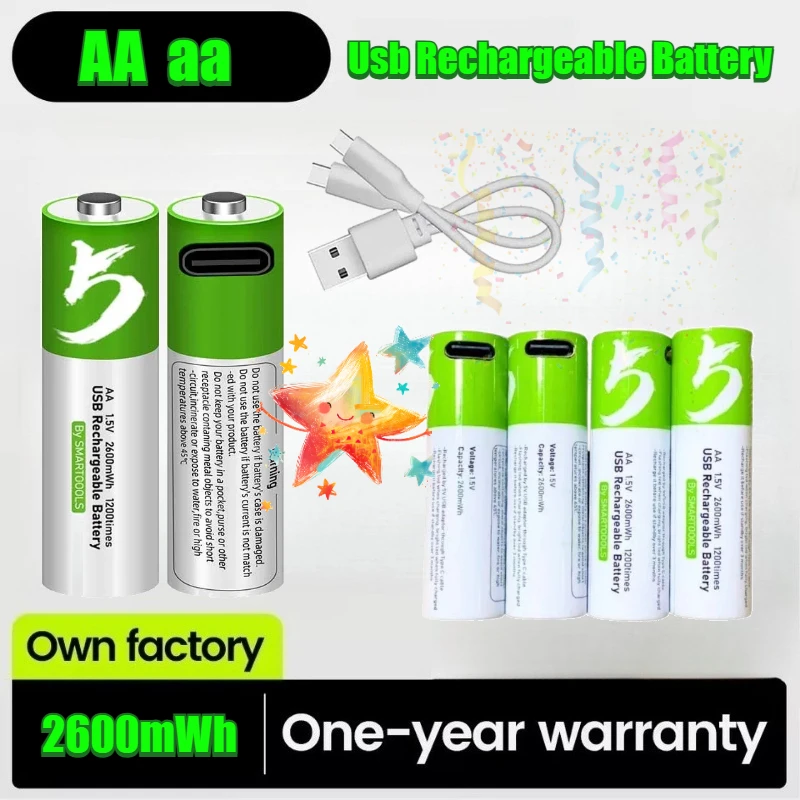 Batería Recargable AA, Batería USB de 2600mWh y 1.5V, Batería de Litio Adecuada para Ratón, Juguete, Control Remoto, etc., Pilas Recargables AA