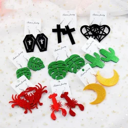 Laser Cutout Acrylic Pentagram Earrings Monstera Cactus Dangle Earrings Black Cross Homard Crab Coffien Earrings