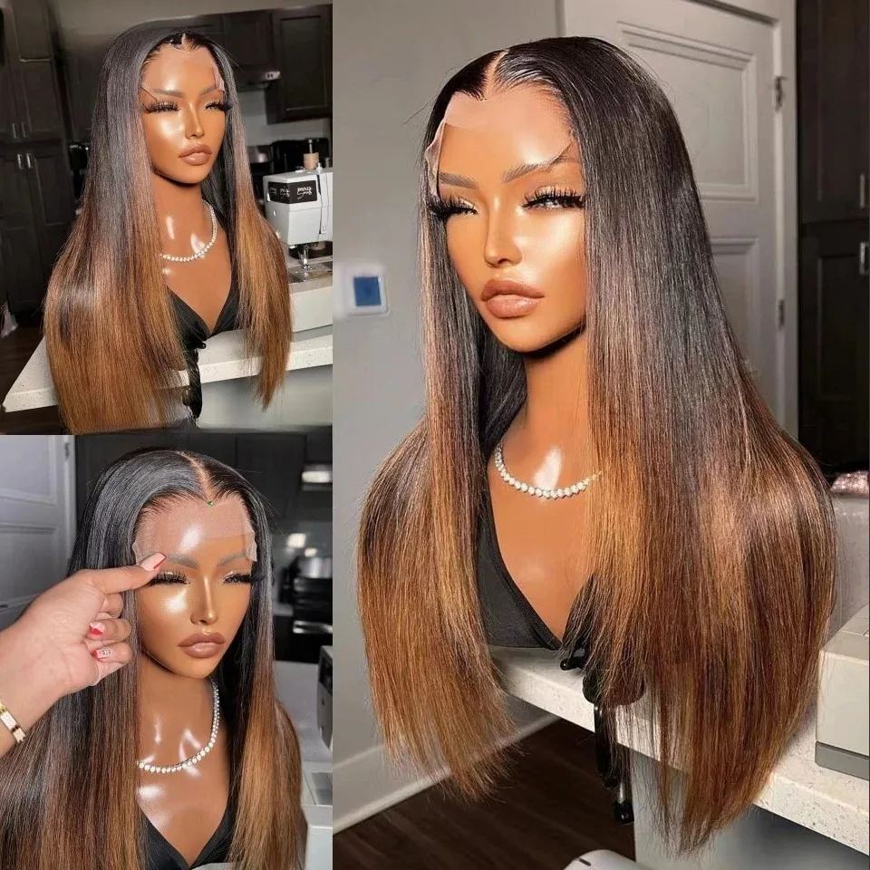 

Brown Colored Bone Straight Lace Frontal Wig 13x4 HD Transparent Ombre TB/30 Silk Top Wigs Guleless Synthetic Cosplay For Women