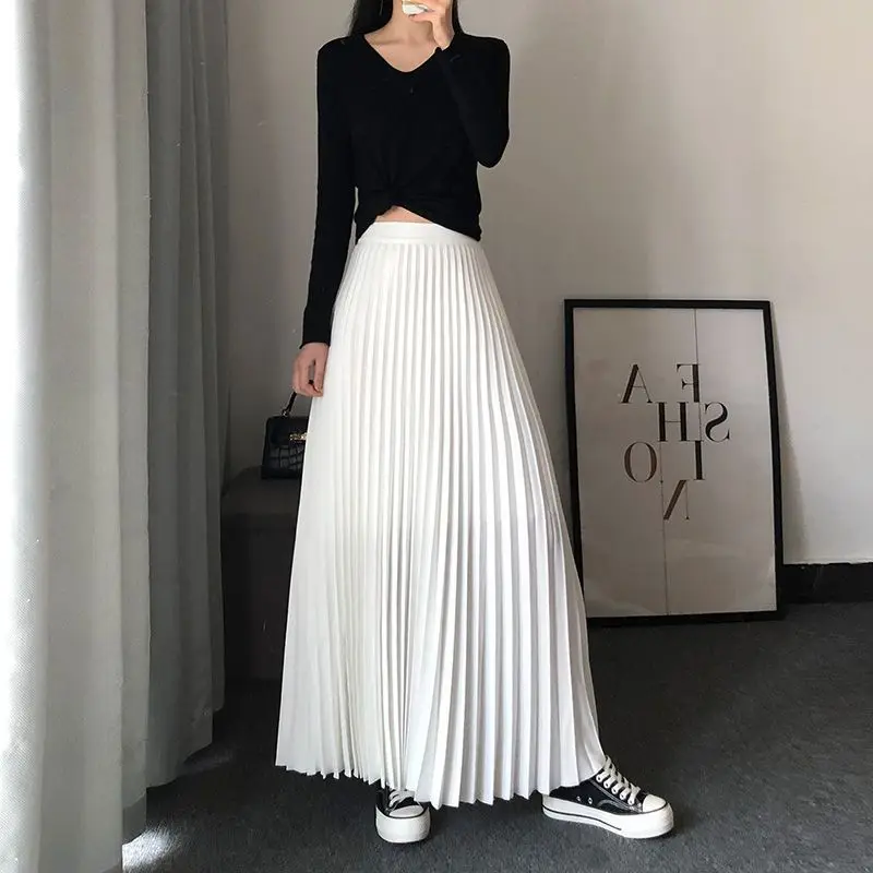 

Chic Crepe Pleated Full Skirt For Women Elastic High Waist A-Line Umbrella Skirts Fashion Elegant Solid Skort Ankle Length