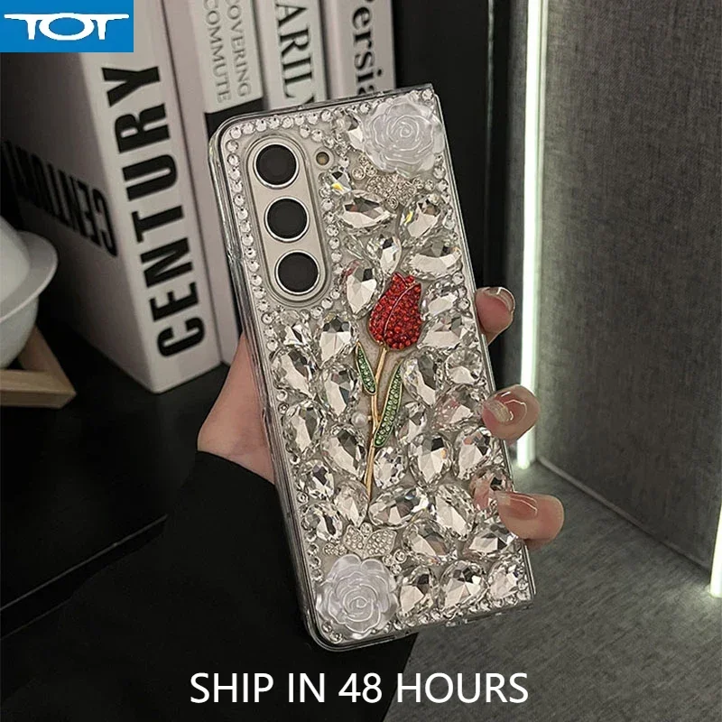 

Роскошный чехол ручной работы со стразами и розами для Samsung Galaxy Z Fold 6 5 4 3 2, блестящий кристалл капли воды, жесткий прозрачный чехол для ПК Ca
