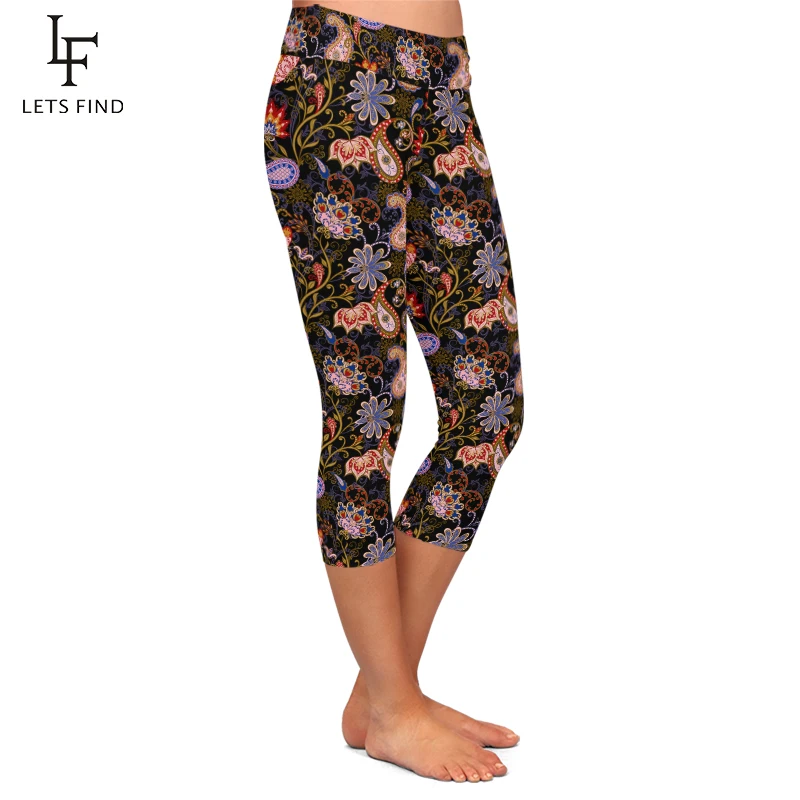 LETSFIND Sommer Neue Frauen Leggings 3D Paisley Print Capri Leggins Hohe Taille Sexy Stretch Mid-Kalb 3/4 Hosen