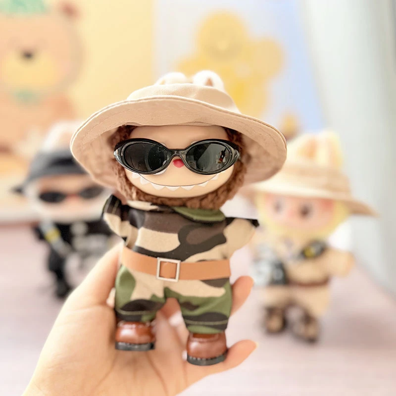 

Clothes for Labubu 1st-3rd Gen 15/17cm Dolls Outdoor Adventure Outfit Camo Hats Overalls Workwear Jumpsuits With Sunglasses