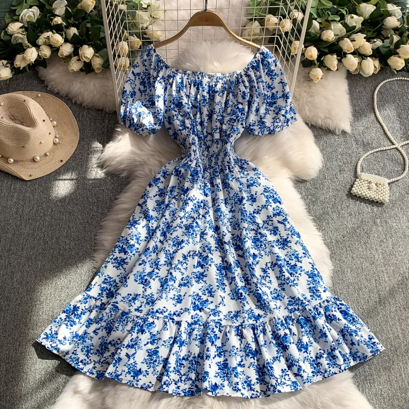 Boho Vintage Blumendruck sexy schulterfreies Midikleid Party Rüschen Frauen Sommer Vestido de Festa Strandurlaub A-Linie Kleid