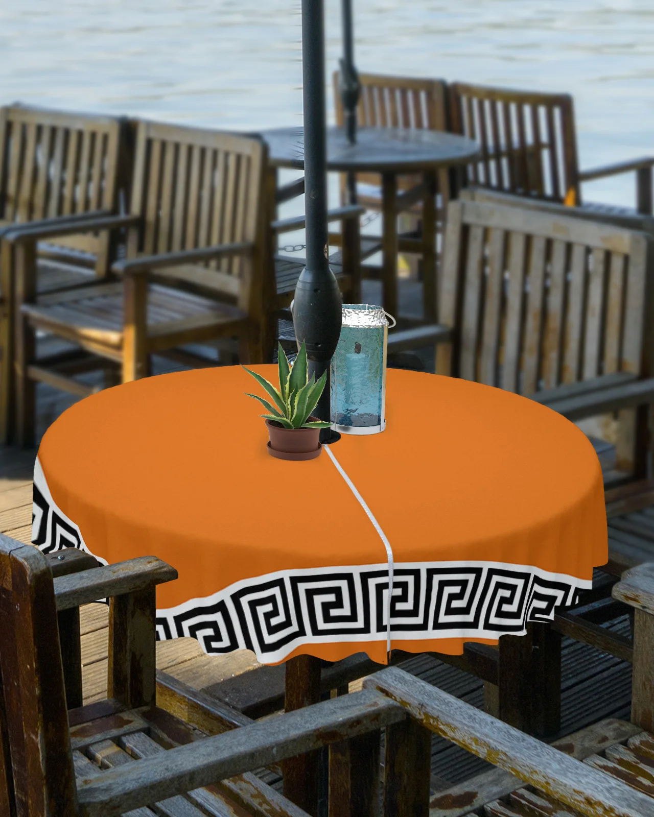 Orange Simple Chinese Pattern Outdoor Tablecloth with Umbrella Hole Zippered Waterproof Picnic Patio Round Table Cover