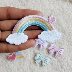 Self-adhesive Lovely Rainbow Bow Heart Embroidered Patches for Clothing T-shirt Jeans Iron on Clothes Small Appliques Stripe Diy