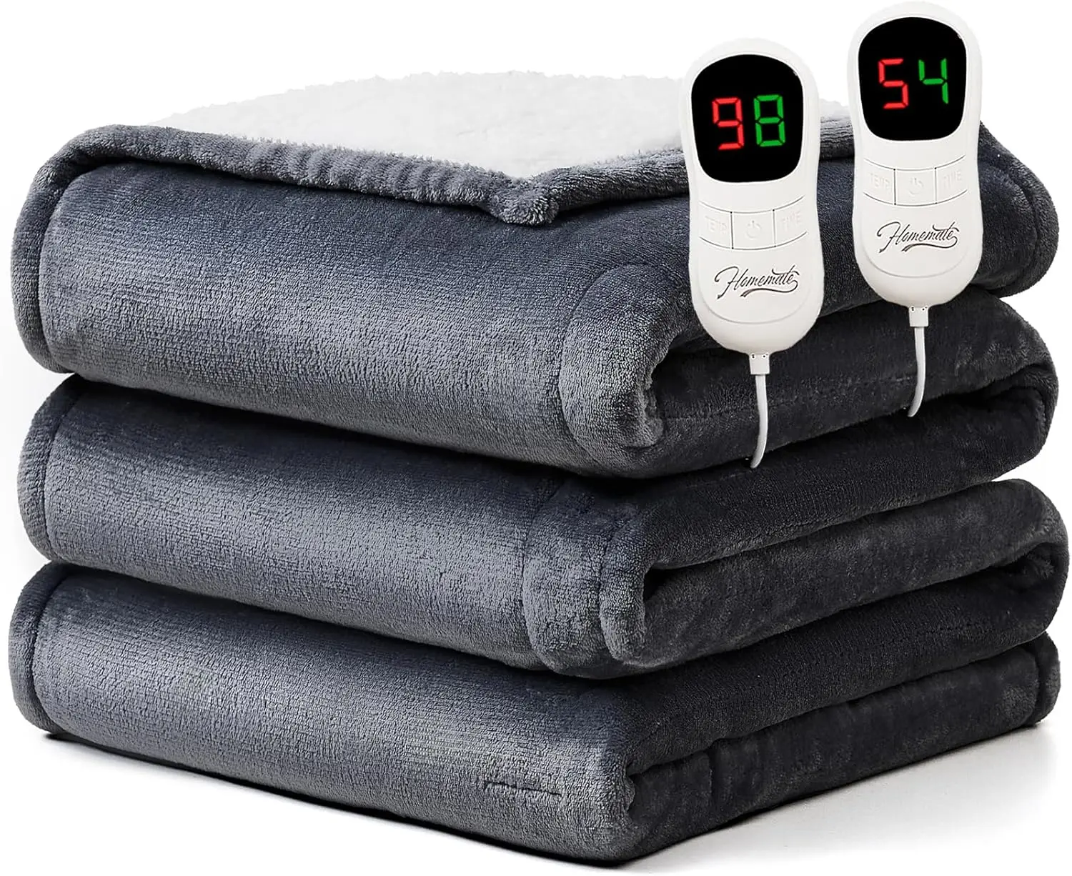 

King Size Electric Heated Blanket 100x90 - Dual Control, 10 Heat Levels, Auto-Off, Flannel Sherpa, ETL Certified