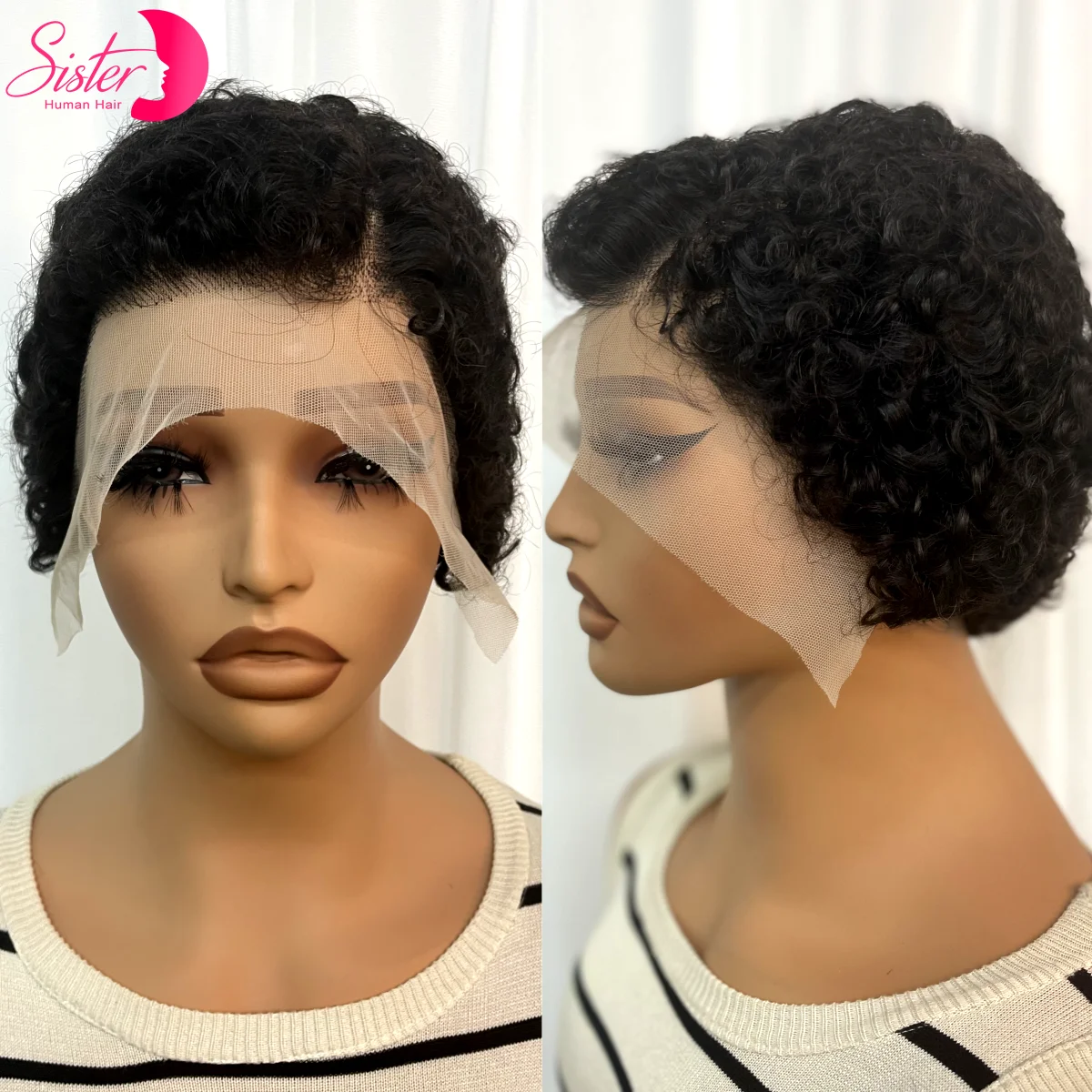 

200% Density Short Afro Kinky Curly Human Hair Wigs 13x4 Transparent Lace Frontal Natural Pixie Cut Wig Bob Wigs for Women