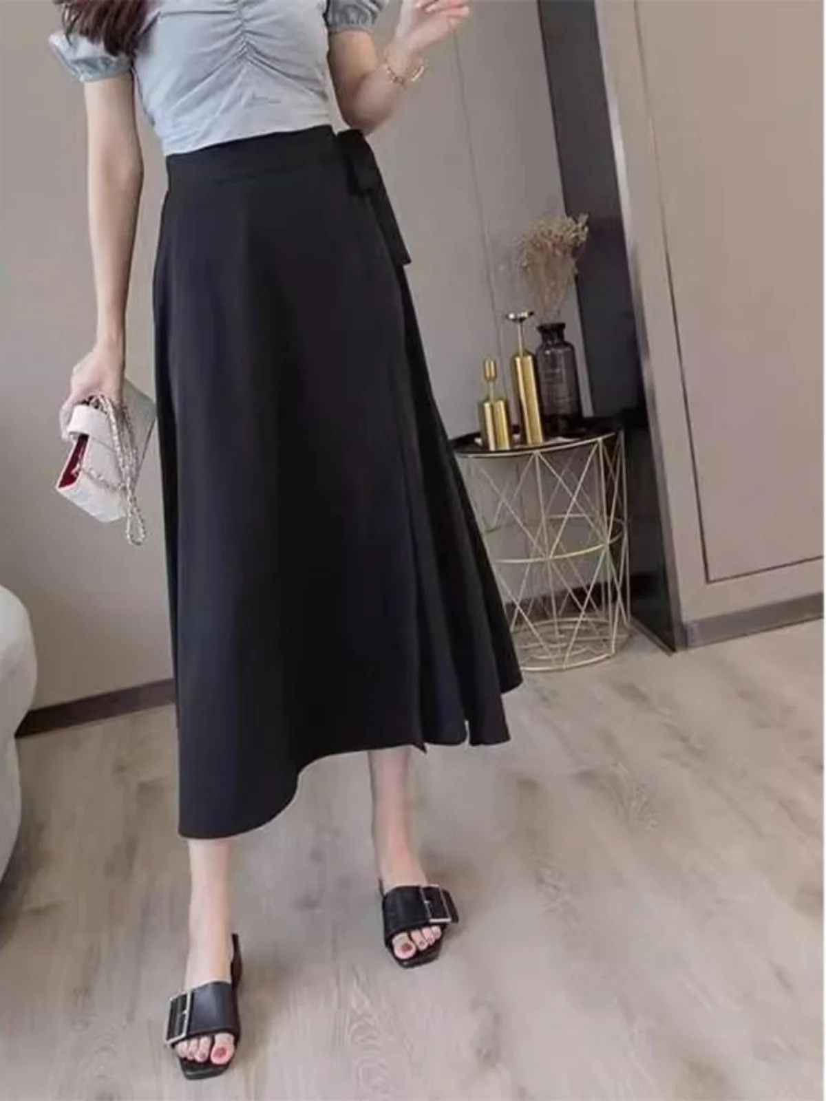 Spring Summer Pure Color Black Series Belted Chiffon One-Piece High Slit Women's Midi A-Line Skirt Wrap Skirt