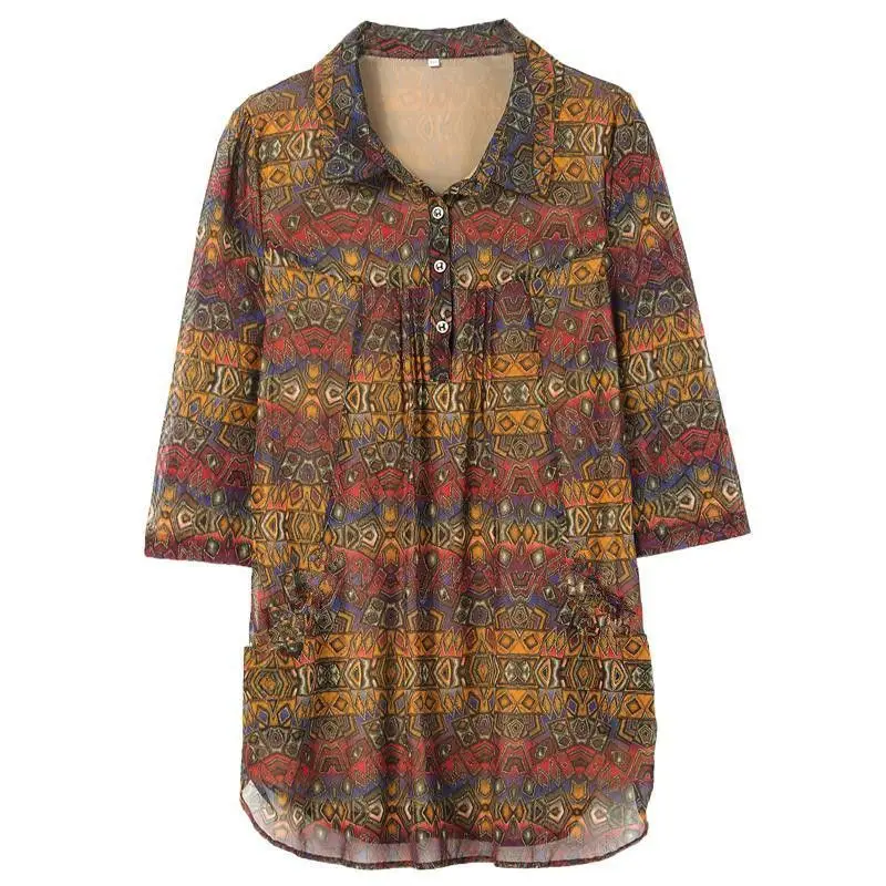 Lente Zomer Chiffon Vrouwen Mode Loose Casual Mode Revers 3/4 Mouwen Print Tops Midden Leeftijd Moeder Blouse 2022