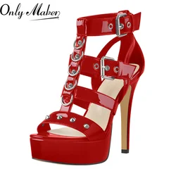Onlymaker Women Thin High Heel Platform Sandals Open Toe Rivet Metal Buckle Decoration Narrow Strap Fashion Summer Sandals