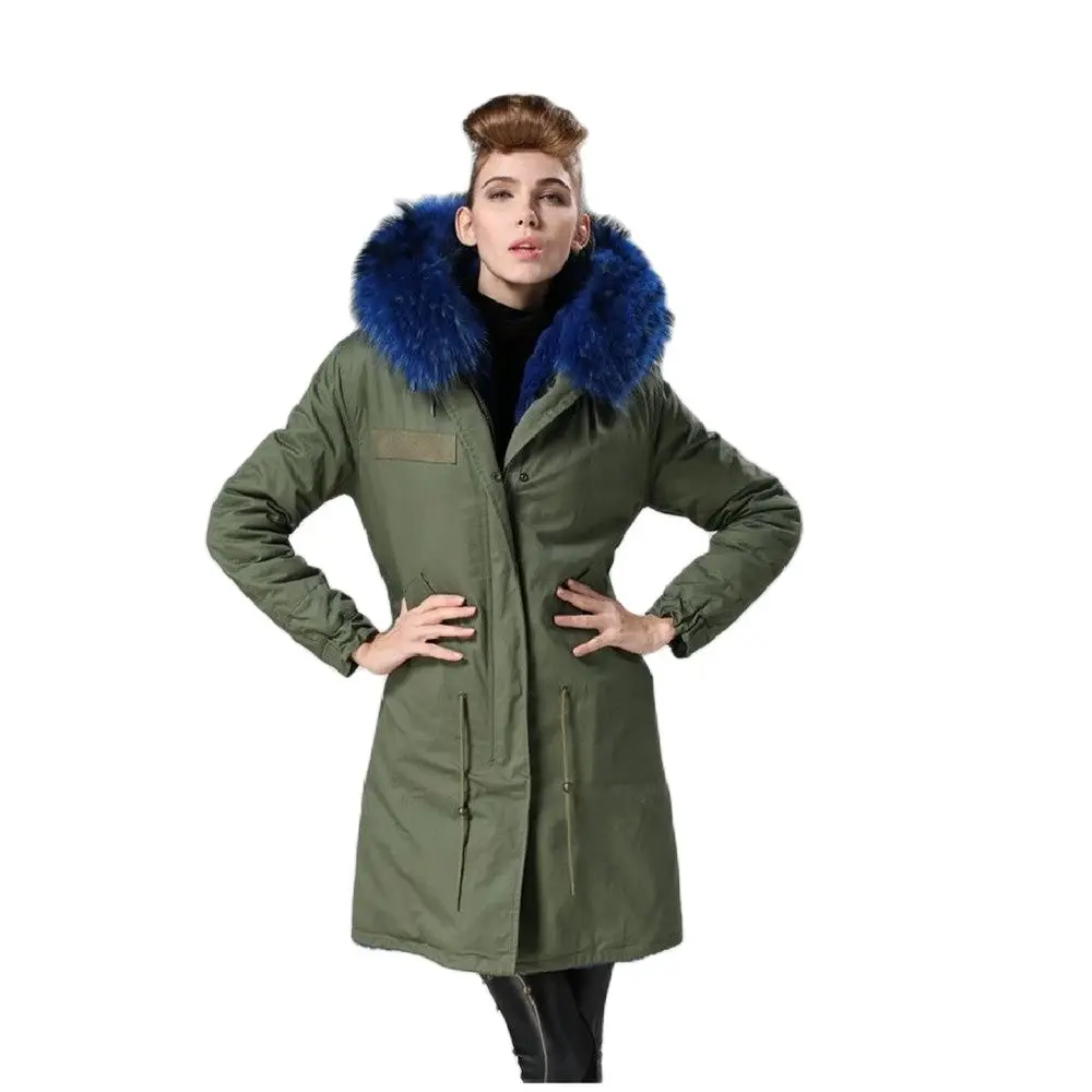 Hot Sale Blue Faux Fur Long Parka Raccoon Fur Collar Overcoat For Women European Style Fur Coat