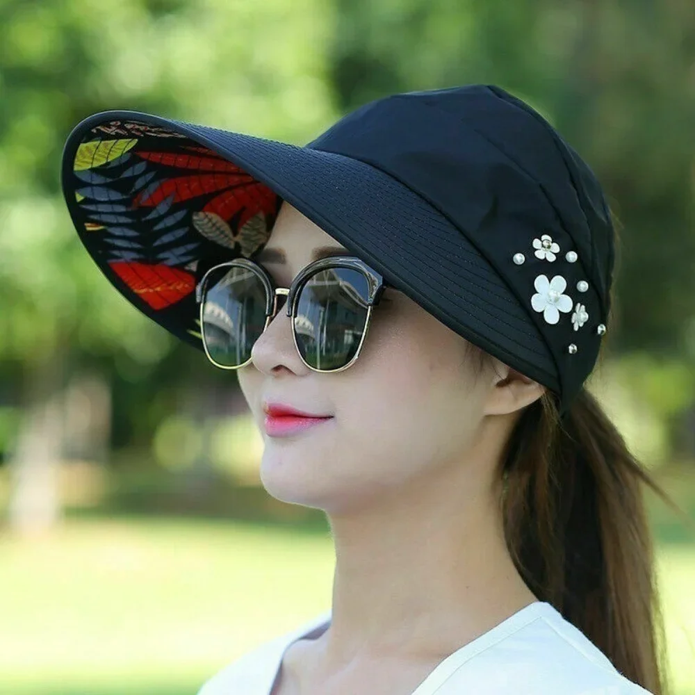 Casual Women Summer Wide Brim Sun Visor Hat Adjustable UV Protection Foldable Sport Empty Top Cap Beach Cap  Fast Dry Cap