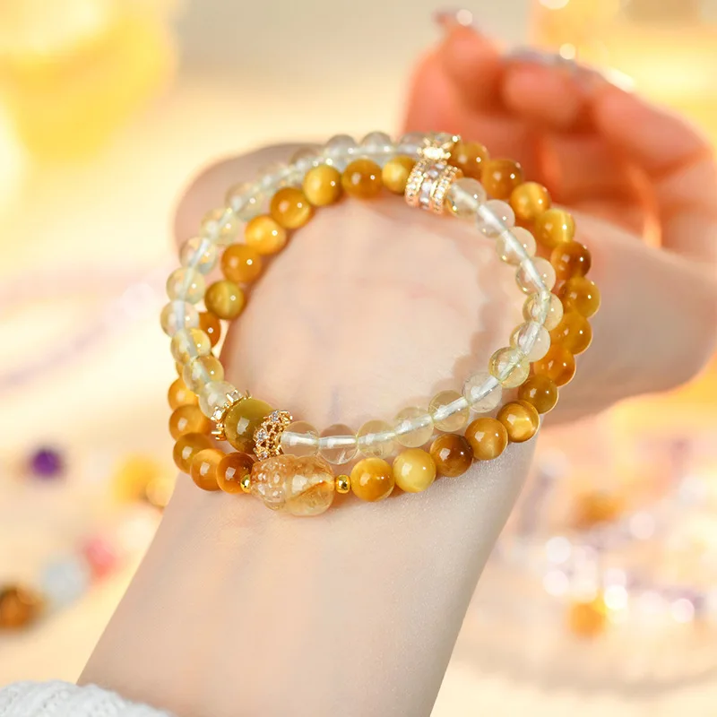 

Natural Gold Tiger Eye Lemon Yellow Pixiu Double Circle Fashion Lucky Women'S Bracelet