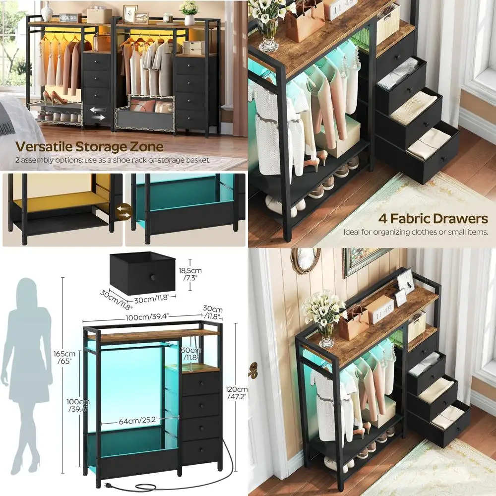 

Rustic Brown 4-Drawer Bedroom Dresser with Clothes Rack, Charging Station, and LED Lighting
