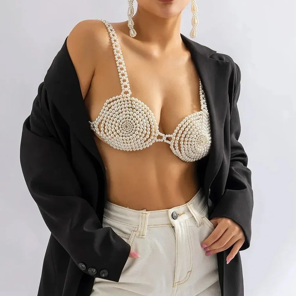 Stonefans Handmade Pearl Beaded Bralette Top Parties Streetwear for Women Round Bra Body Jewelry Underwear Chest Accessories