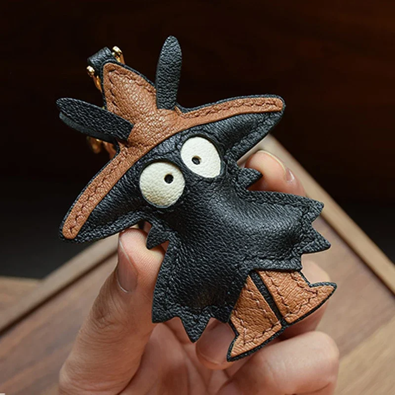 

Handmade Leather Cute Black Grass and Hat Elf in Straw Hat Bag Charm Key Chain Key Ring