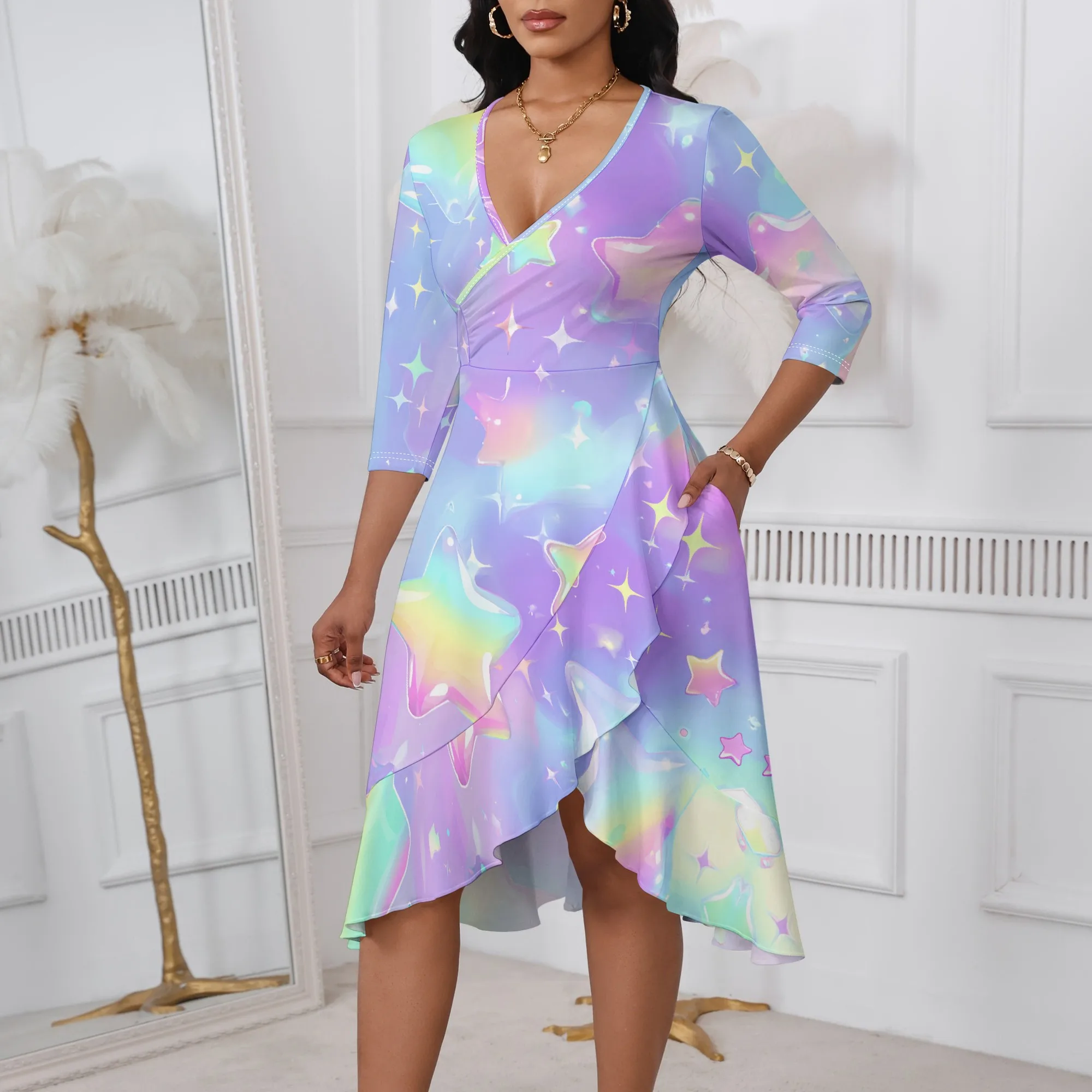 

Pastel Star Print Wrap Dress XS-3XL V-Neck 3/4 Sleeve Ruffle Midi Style for Pride Event, Birthday Party or Fantasy Brunch