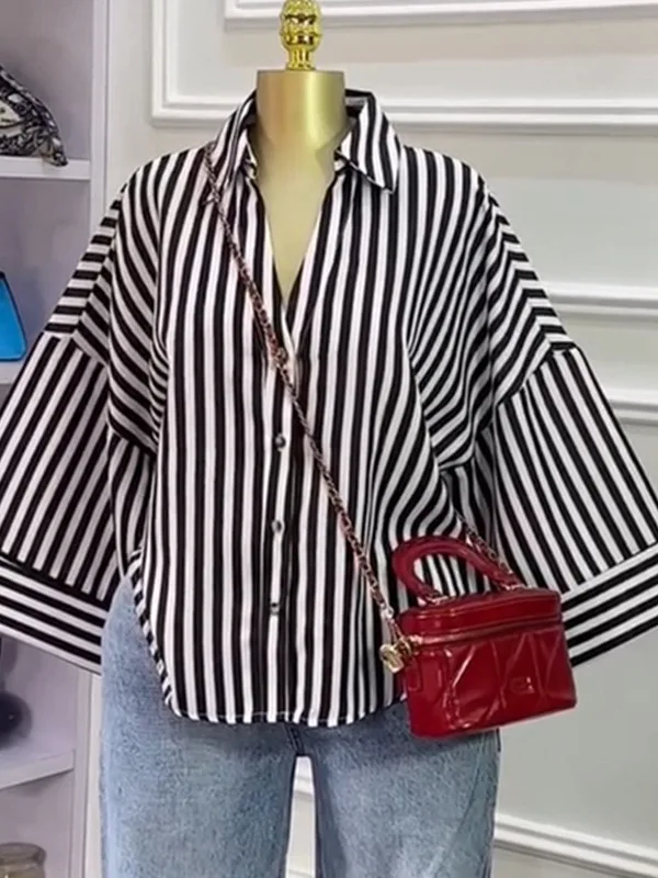 بلوزة نسائية حلوة مخططة irt فضفاضة تناسب Faionable جديدة 2026 بياقة مقلوبة من ألياف البوليستر سبعة Sve طويلة irt