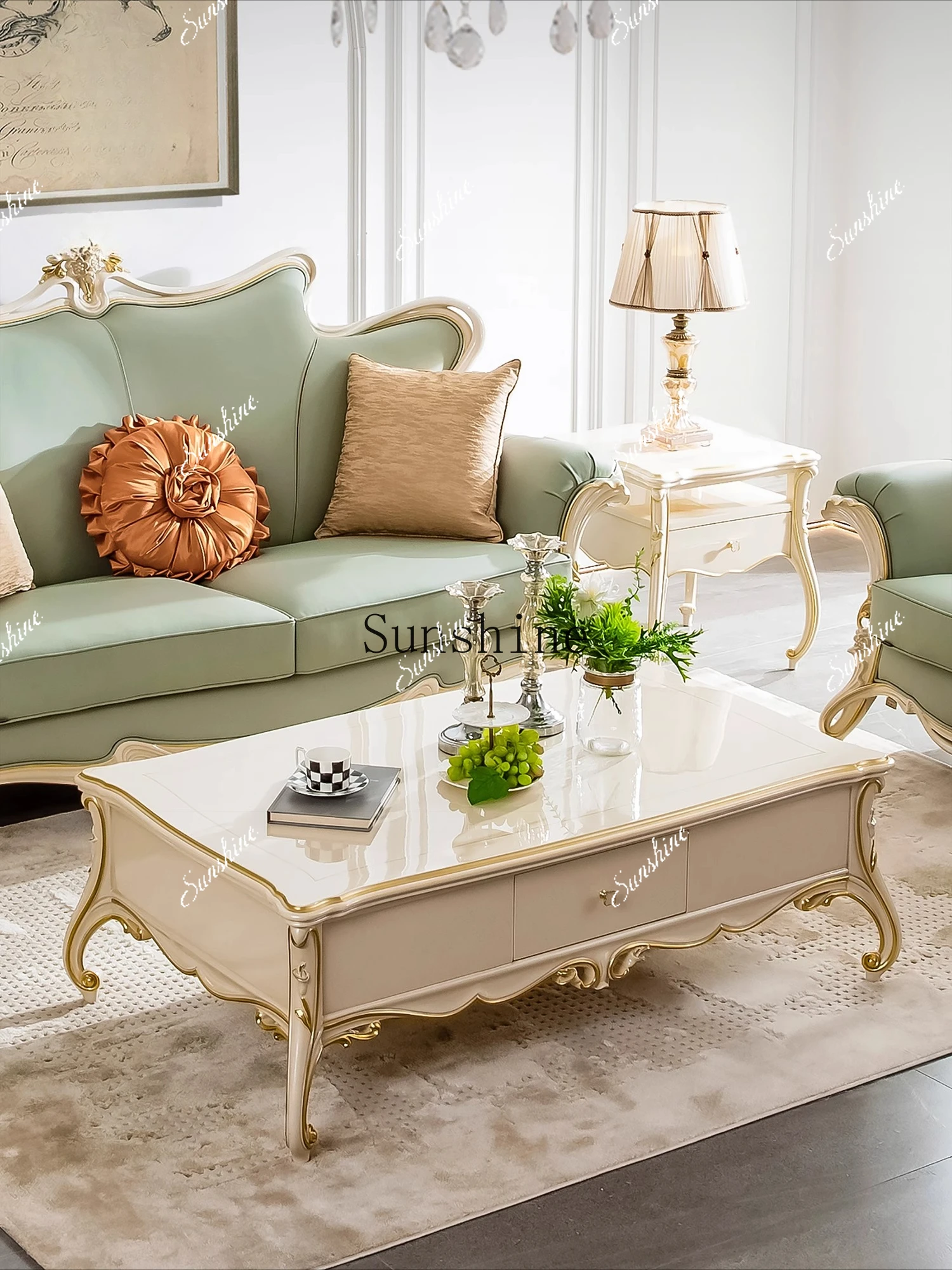 French size apartment living room full solid wood three-person sofa combination  FT