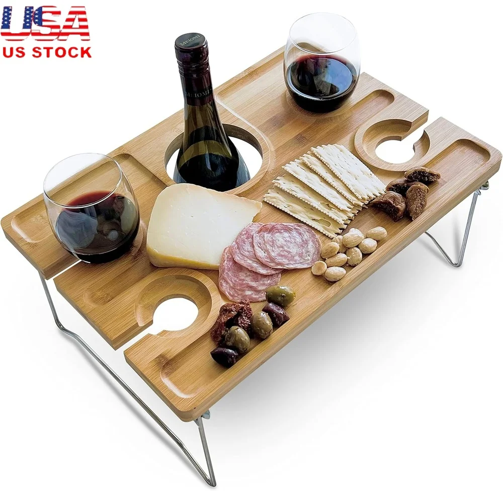 

Portable Bamboo Wine Picnic Table Folding Snack Tray with 4 Glass Holders Lightweight Eco-Friendly Outdoor Gift Wine Lovers