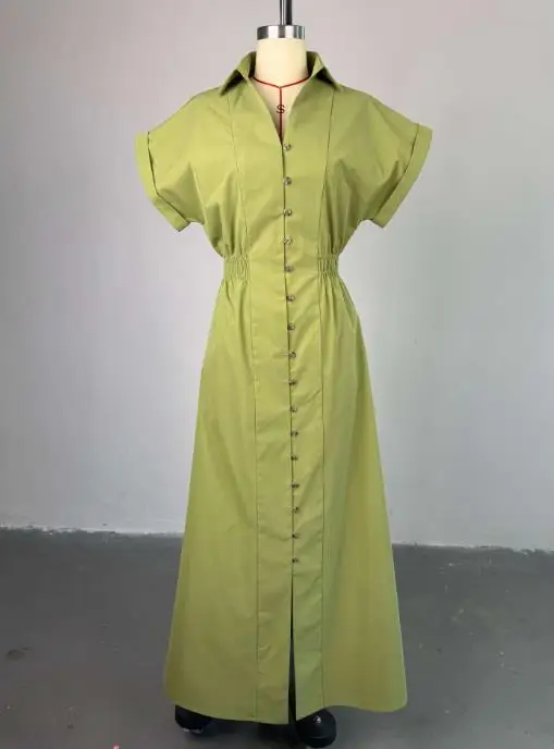 2025 여름 신상 여성 의류 패션 라펠 반팔 싱글 버튼 허리 조절 슬릿 셔츠 원피스