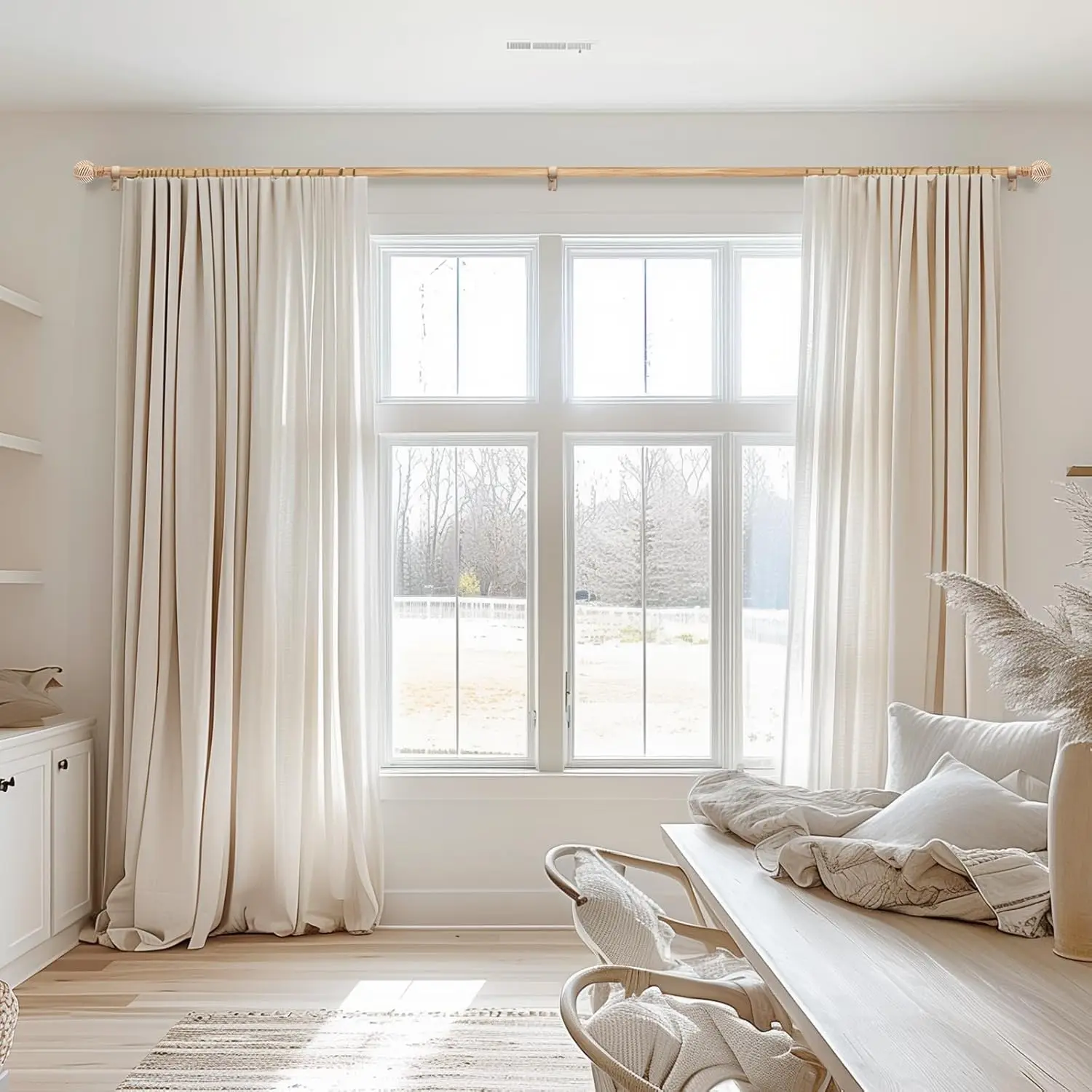 Wood Curtain Rods for Windows 32 to 168, 1 Inch Heavy Duty Drapery Rods with Imitation Wood Grain Leaf Pattern Finials, Indoor