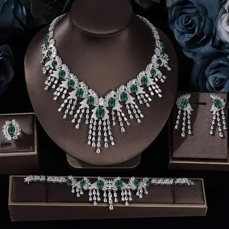 2024 New fashion luxury retro palace green zircon necklace earring bracelet ring set,wedding bride dinner party formal jewelry