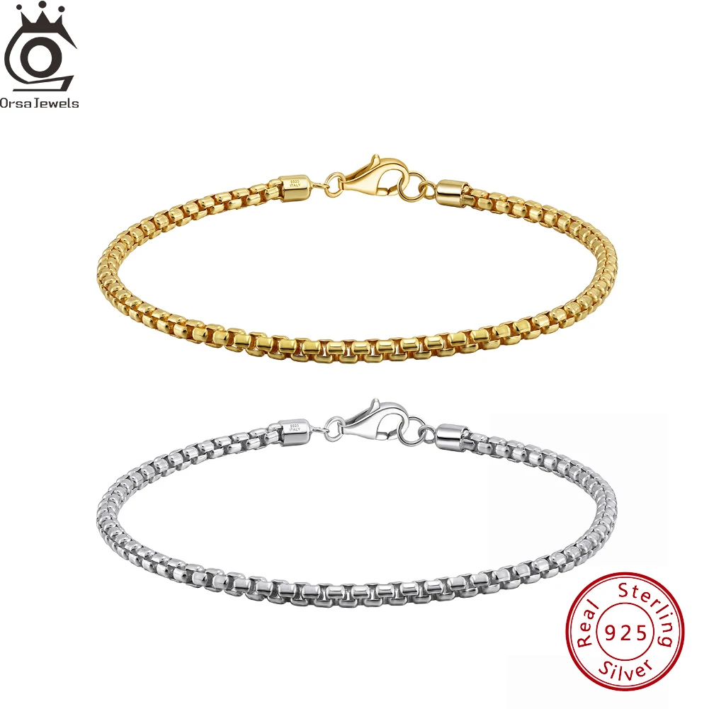 

ORSA JEWELS Sterling Silver 925 3mm Width Box Chain Bracele Necklace For Men Daily Lobster Clasp 18K Gold Box Bracelet NMB01