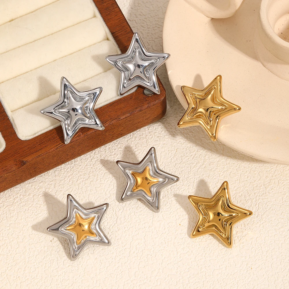 Modische, zarte sternförmige geometrische Ohrringe aus Edelstahl, glatte, hochwertig polierte, wasserdichte Metallschmuckstücke. – Detail 2