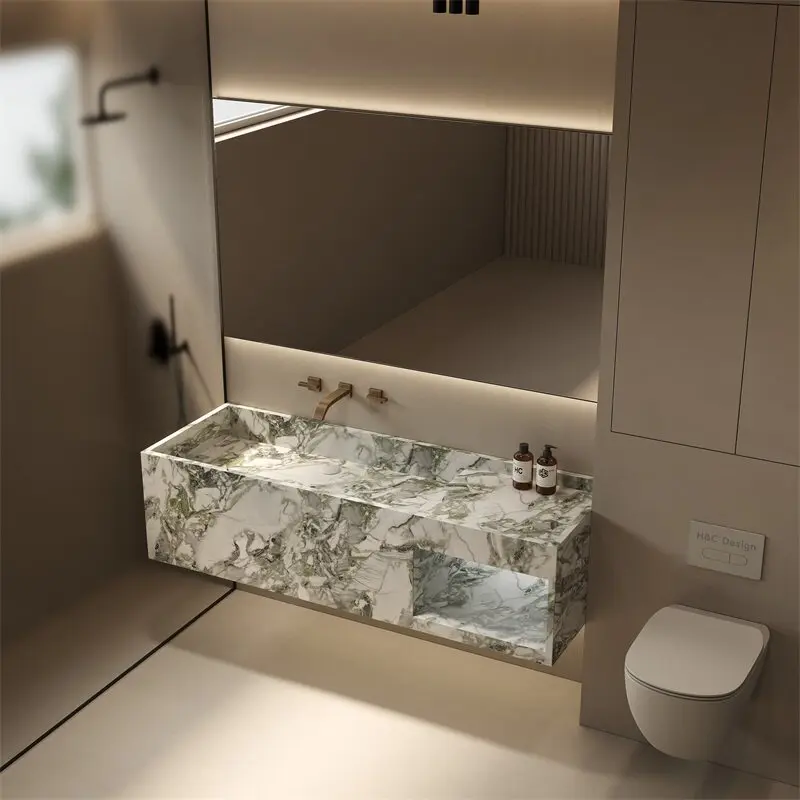 

Rock slab integrated seamless basin hotel villa high-end bathroom washstand