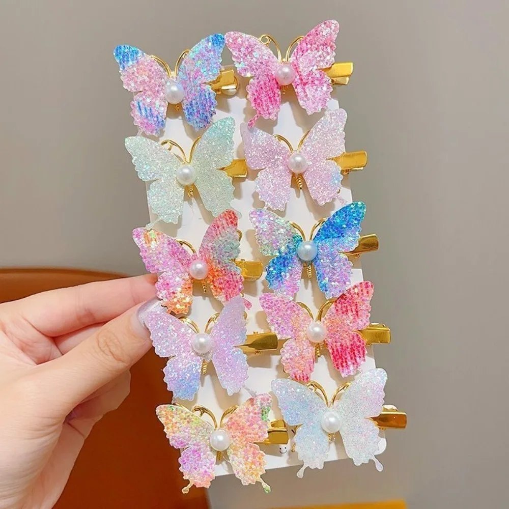 10Pcs Exquisite Sequin Butterfly Hair Clip Do Not Hurt Hair Cute Bangs Hairpin Pearl Metal Bow Hair Hairgripes Hair Styling Tool