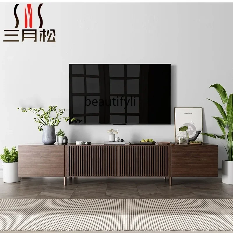 

A13 Nordic striped TV cabinet living room household solid wood Nordic log wind black walnut