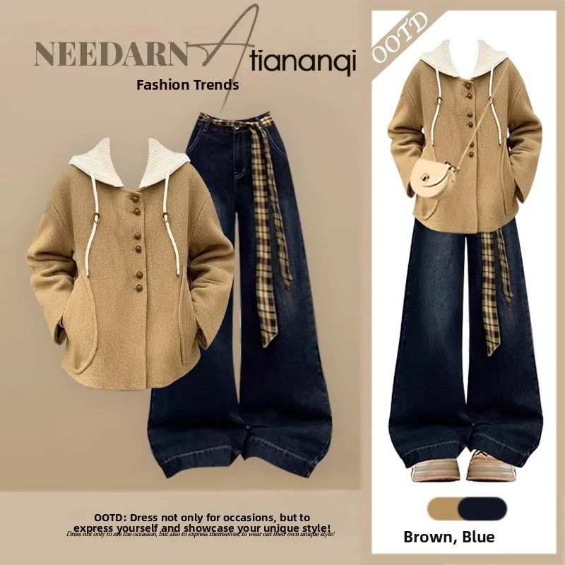 

Fashionable Winter Set Women's Loose Jeans Outfit Elegant Coat And Slimming Denim Pants Two-Piece Ensemble Age-Defying Style