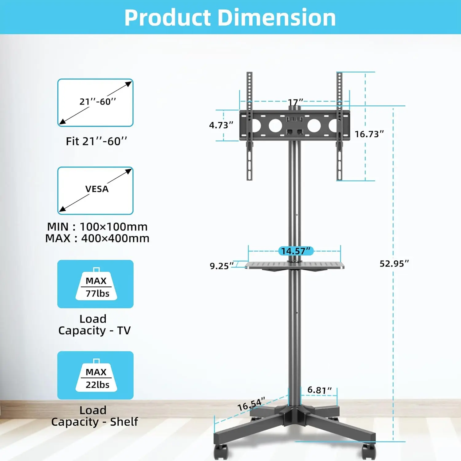 Mobile TV Carts On Wheels For 21-60 Inch Flat/Curved Panel Screens Tvs - Height Adjustable Floor Trolley Stand With Shelf Holds